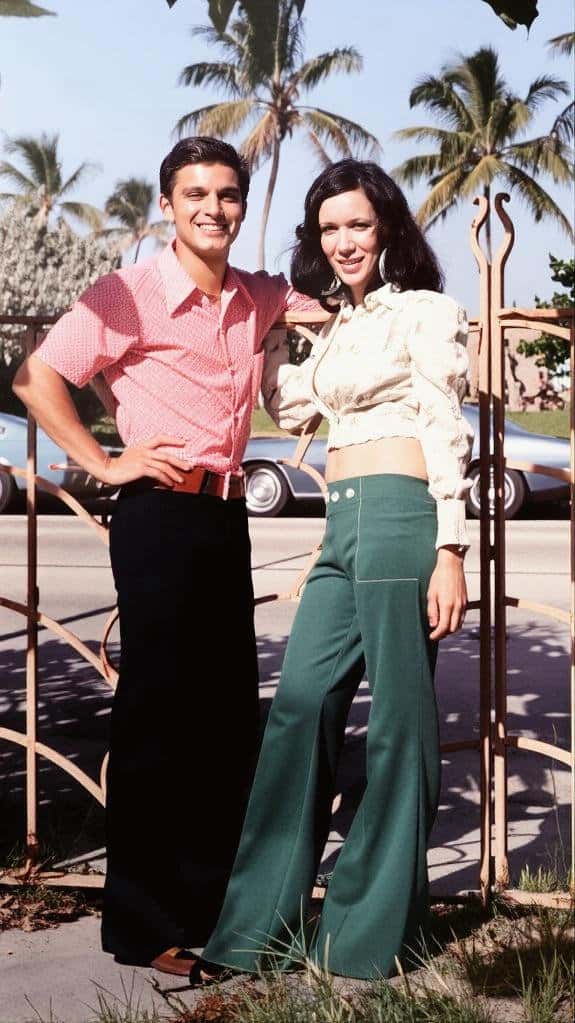 Young couple smiling outdoors with palm trees in the background.