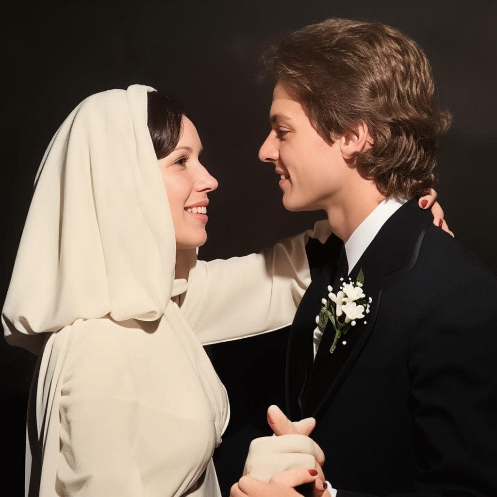 Wedding couple smiling at each other in formal attire, sharing a joyful moment on their special day.