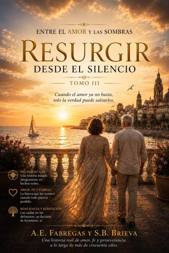 Cover of "Resurging from Silence" showing a couple walking by the sea at sunset.